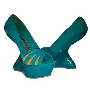 DbDk Fashion Shoes Teal/Orange Suede Unique Heels